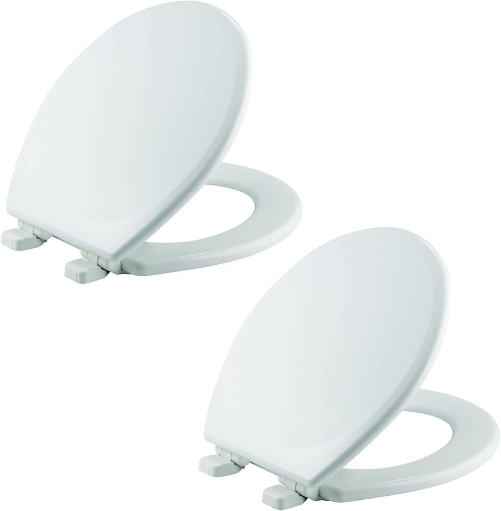 Mayfair Linden Slow Close Toilet Seat, Non Slip Heavy Duty Wood, Easy Install, Made in USA, Elongated, White, 2 Pack