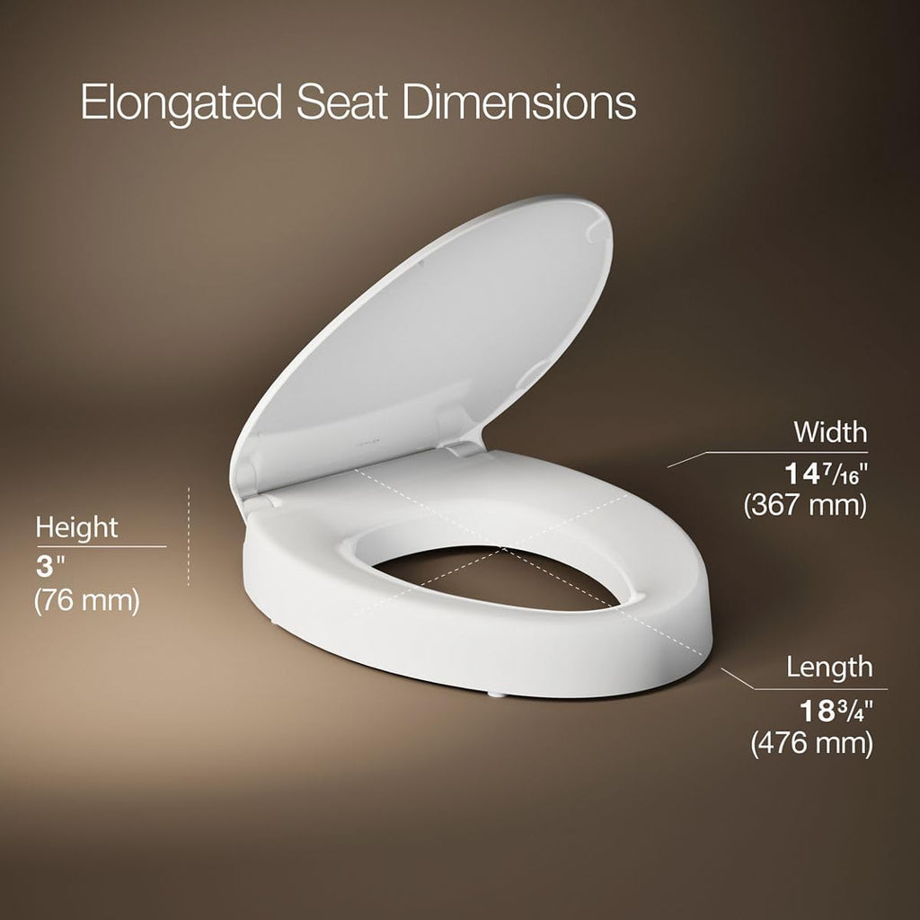 KOHLER 25875-0 Hyten 3" Height, Elevated Soft Close Elongated Toilet Seat, Contoured Seat with Grip-Tight Bumpers, Quick-Attach Hardware, No Slam Toilet Seat, White