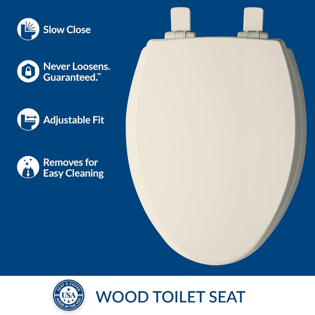 Mayfair Cassel Slow Close Toilet Seat, Easy Clean, Non Slip Premium Wood Seat, Easy Install, Made in USA, Elongated, Biscuit