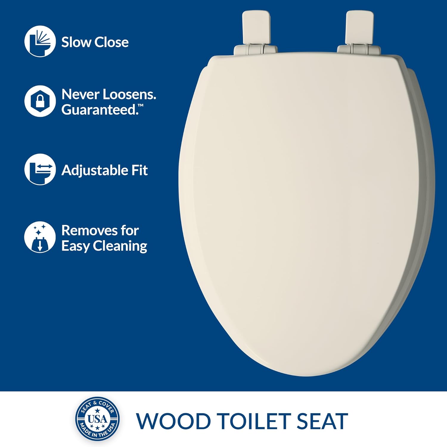 Mayfair Cassel Slow Close Toilet Seat, Easy Clean, Non Slip Premium Wood Seat, Easy Install, Made in USA, Elongated, Biscuit
