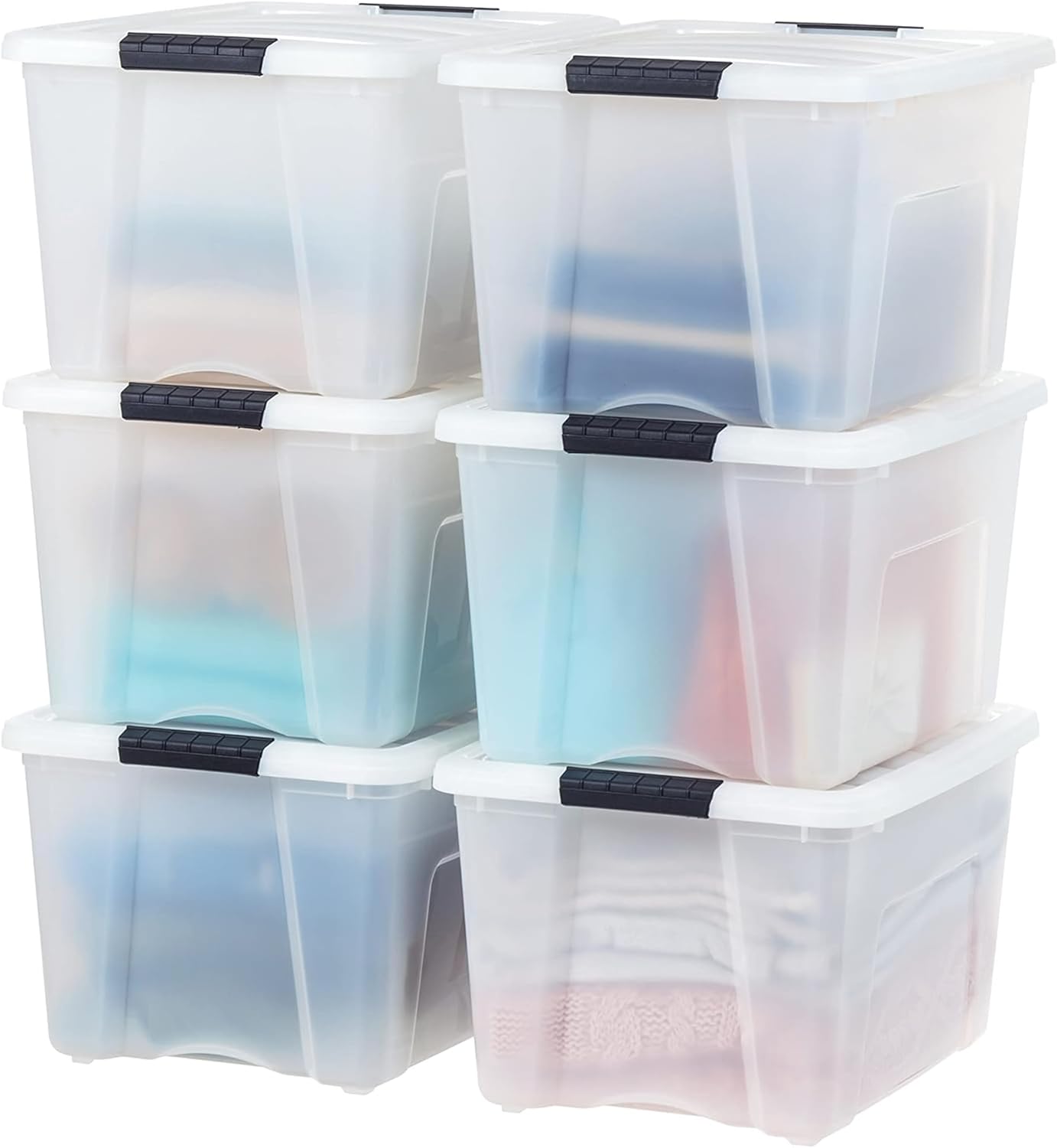 IRIS USA 54 Qt Stackable Plastic Storage Bins with Lids, 6 Pack - BPA-Free, Made in USA - See-Through Organizing Solution, Latches, Durable Nestable Containers, Secure Pull Handle - Clear