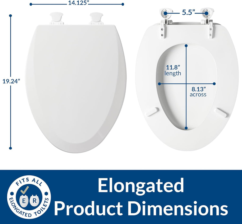 Bemis 1500EC Durable Wood Toilet Seat with Easy Clean Hinges, Made in USA, Elongated, White, 2-Pack