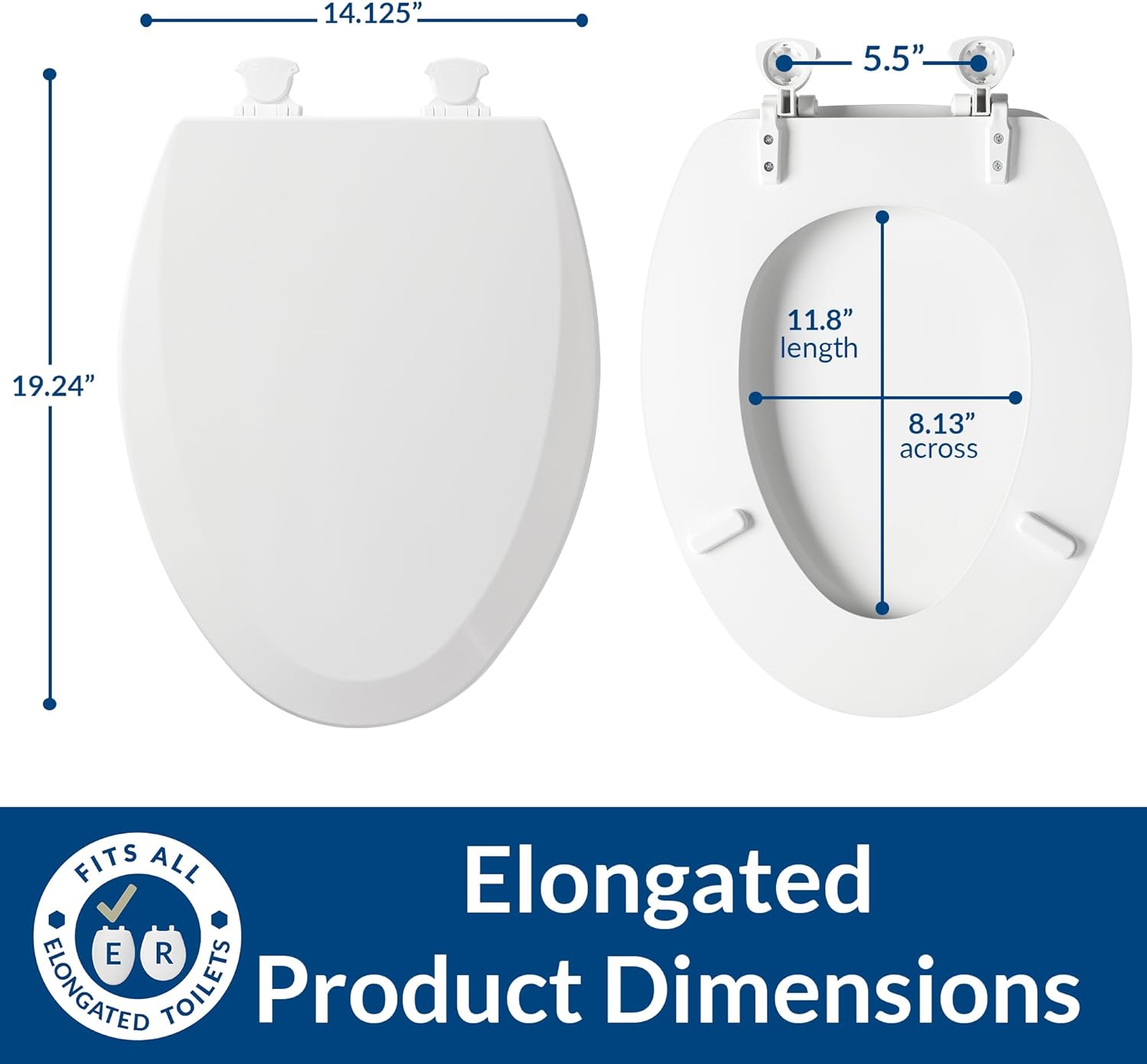 Bemis 1500EC Durable Wood Toilet Seat with Easy Clean Hinges, Made in USA, Elongated, White, 2-Pack