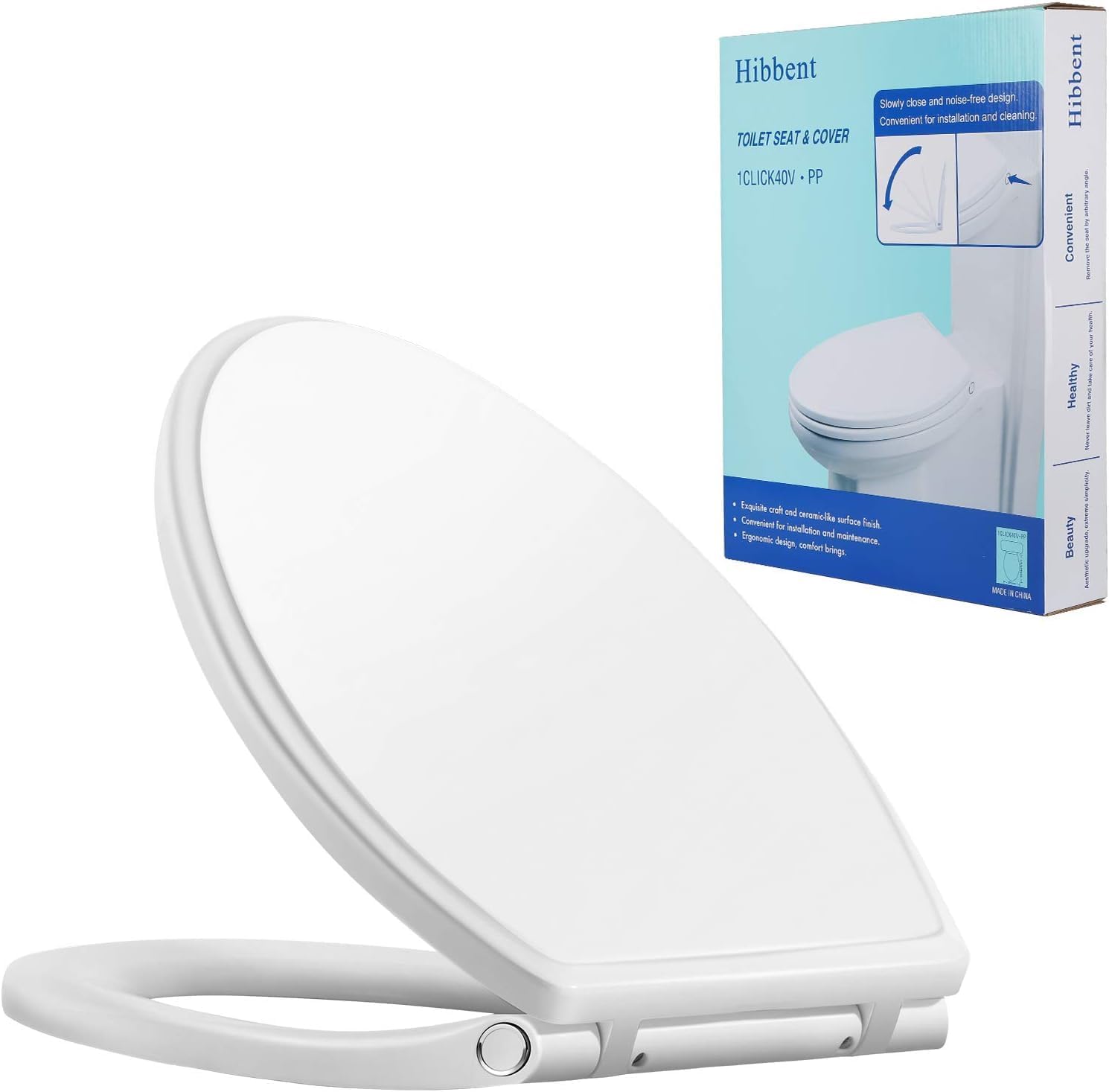 Hibbent Premium Elongated Toilet Seat with Cover Quiet Close, One-Click to Quick Release, Easy Installation Non-Slip Seat Bumpers, Slow Close Toilet Seat and Cover, Easy Cleaning-White Color