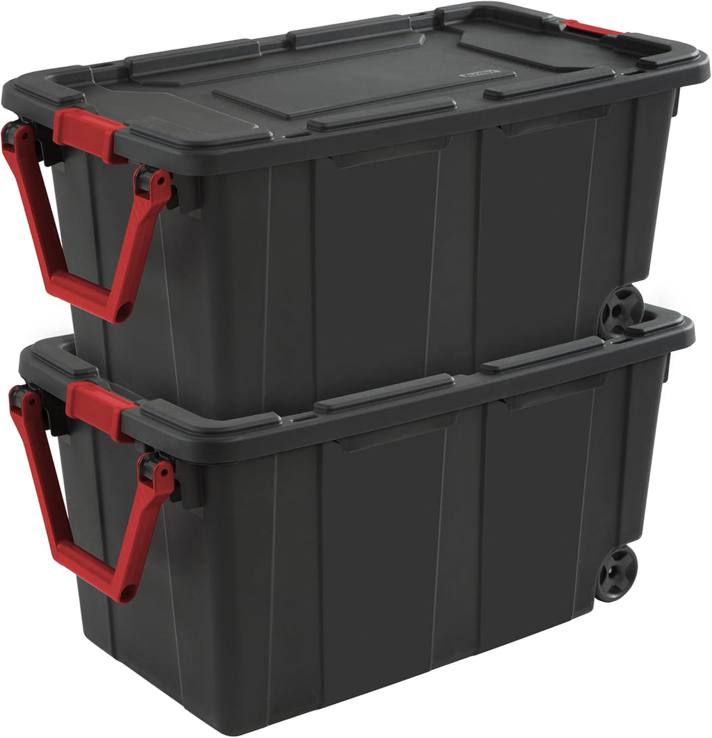 Sterilite 4-Pack Industrial Tote, Heavy-Duty Storage Bins w/Lids and Wheels, 40 Gallon - Stackable Organizing Containers for Home, Garage, Office, and Basement