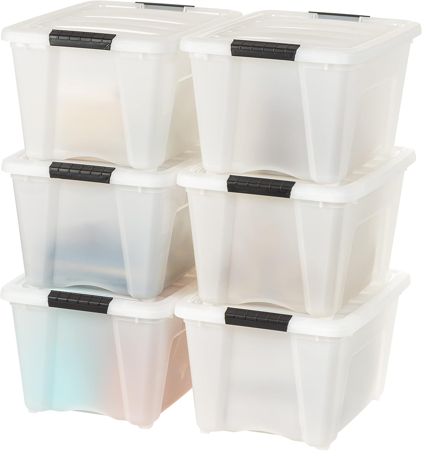 IRIS USA 54 Qt Stackable Plastic Storage Bins with Lids, 6 Pack - BPA-Free, Made in USA - See-Through Organizing Solution, Latches, Durable Nestable Containers, Secure Pull Handle - Clear