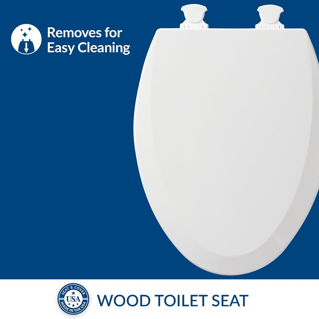 Bemis 1500EC Durable Wood Toilet Seat with Easy Clean Hinges, Made in USA, Elongated, White, 2-Pack