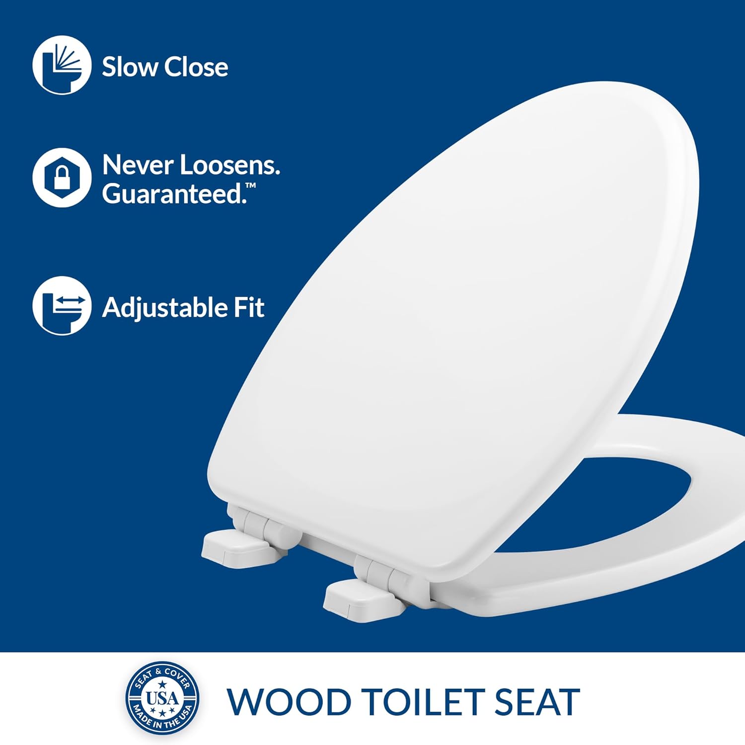 Mayfair Linden Slow Close Toilet Seat, Non Slip Heavy Duty Wood, Easy Install, Made in USA, Elongated, White, 2 Pack