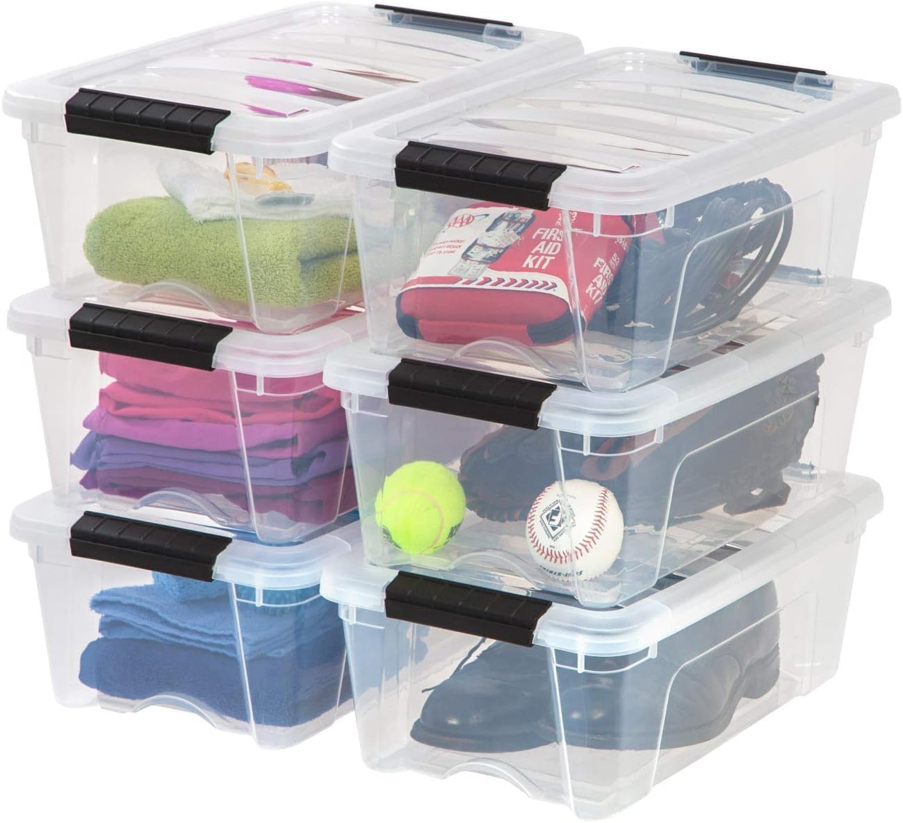 IRIS USA 54 Qt Stackable Plastic Storage Bins with Lids, 6 Pack - BPA-Free, Made in USA - See-Through Organizing Solution, Latches, Durable Nestable Containers, Secure Pull Handle - Clear