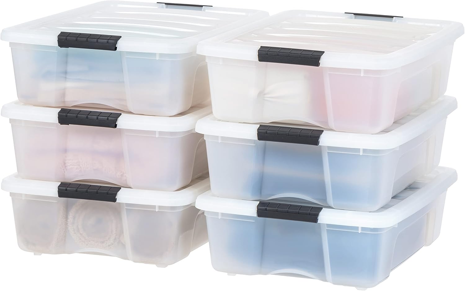 IRIS USA 54 Qt Stackable Plastic Storage Bins with Lids, 6 Pack - BPA-Free, Made in USA - See-Through Organizing Solution, Latches, Durable Nestable Containers, Secure Pull Handle - Clear