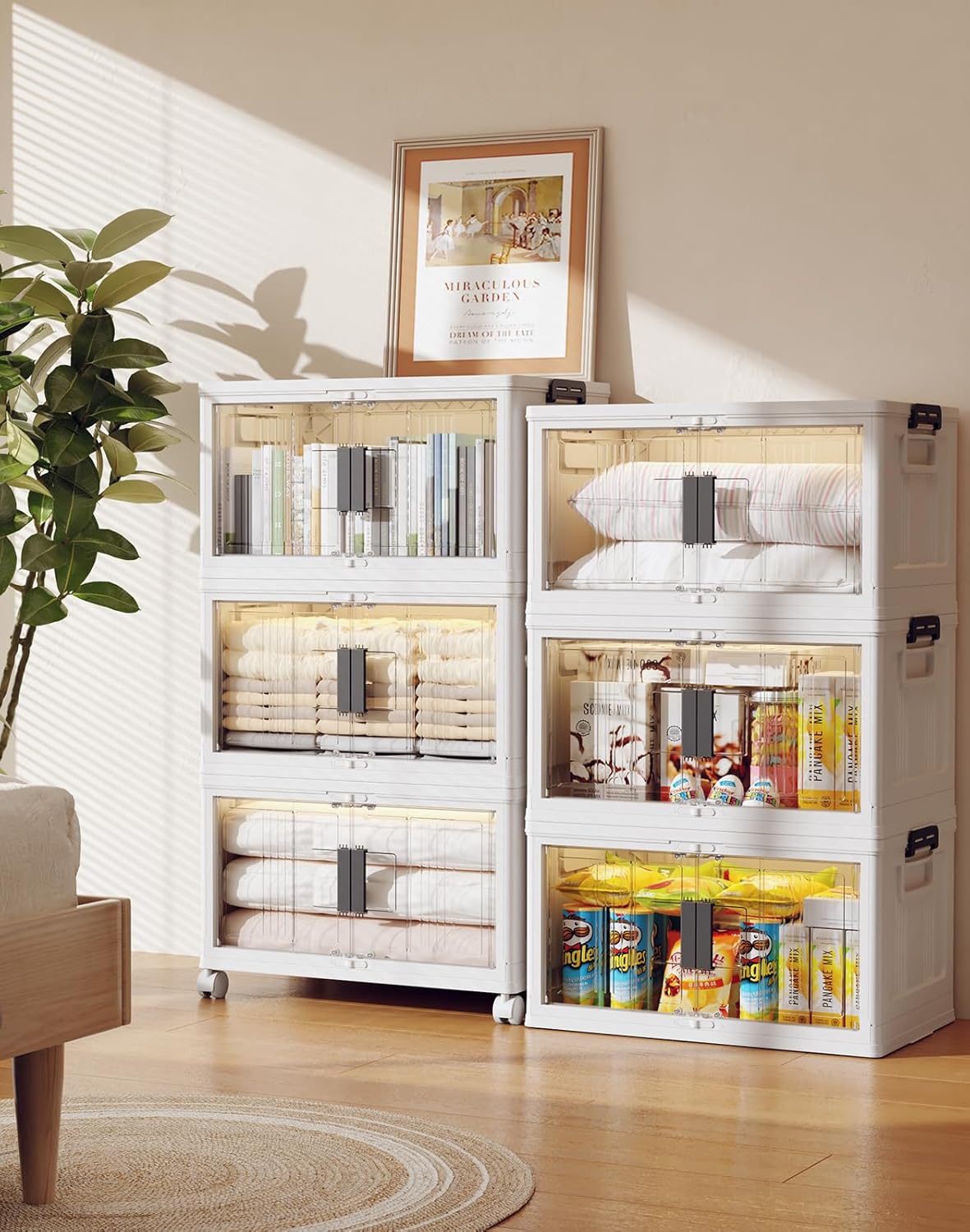 OlarHike 144QT Lockable Storage Bins with Lids - Folding Storage box with Doors and Wheels, Collapsible Plastic Bins for Closets, Stackable Organizer and Containers, Gifts, 3 Pack Cubes