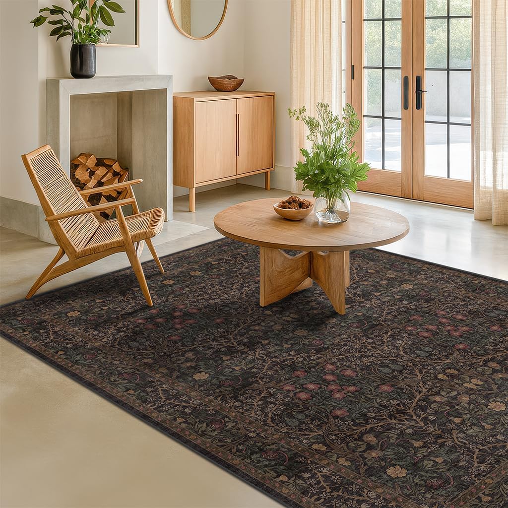 Dark Green Floral Living Room Rug 5x7 Area Rug - Vintage Forest Washable Mat for Dining Room, Bedroom, Low Pile Non Slip Stain Resistance Distressed Retro Indoor Boho Carpet (5x7 Dark Green)