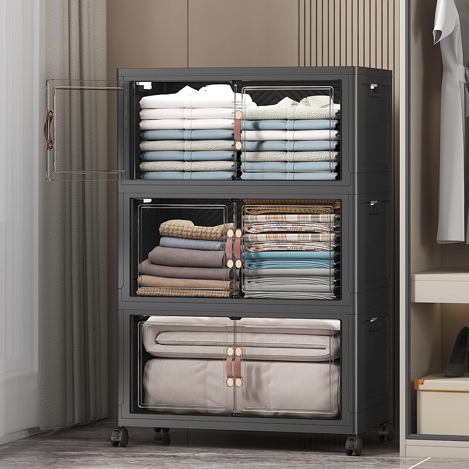 UAMFURI Extra Large Stackable Storage Bins with Lids & Wheels & Door, 660QT-165QT/41GAL*4Pack Foldable Collapsible Closet Organizers, Plastic Containers Drawers for Bedroom Dorm Garage