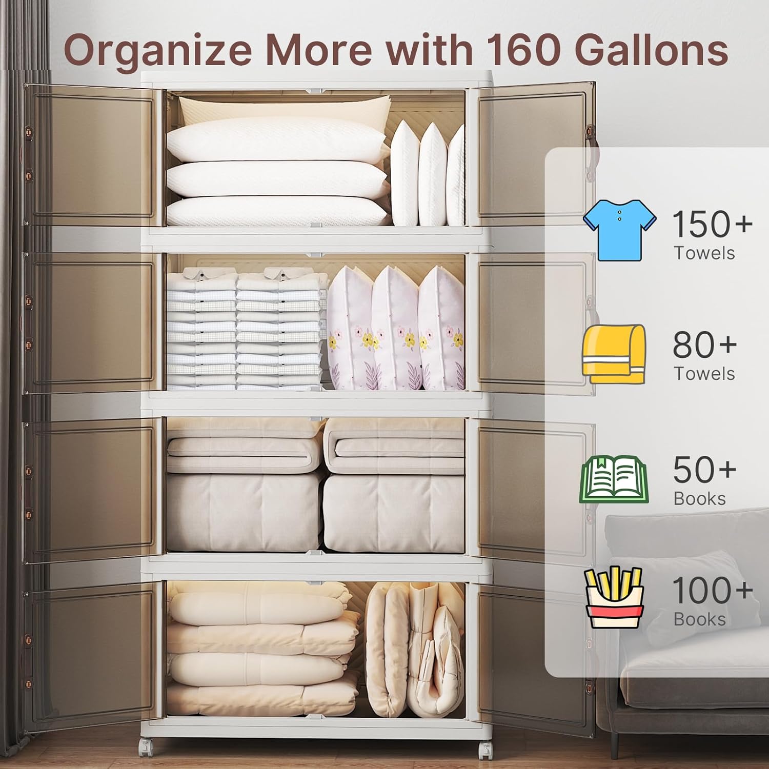 UAMFURI Extra Large Stackable Storage Bins with Lids & Wheels & Door, 660QT-165QT/41GAL*4Pack Foldable Collapsible Closet Organizers, Plastic Containers Drawers for Bedroom Dorm Garage