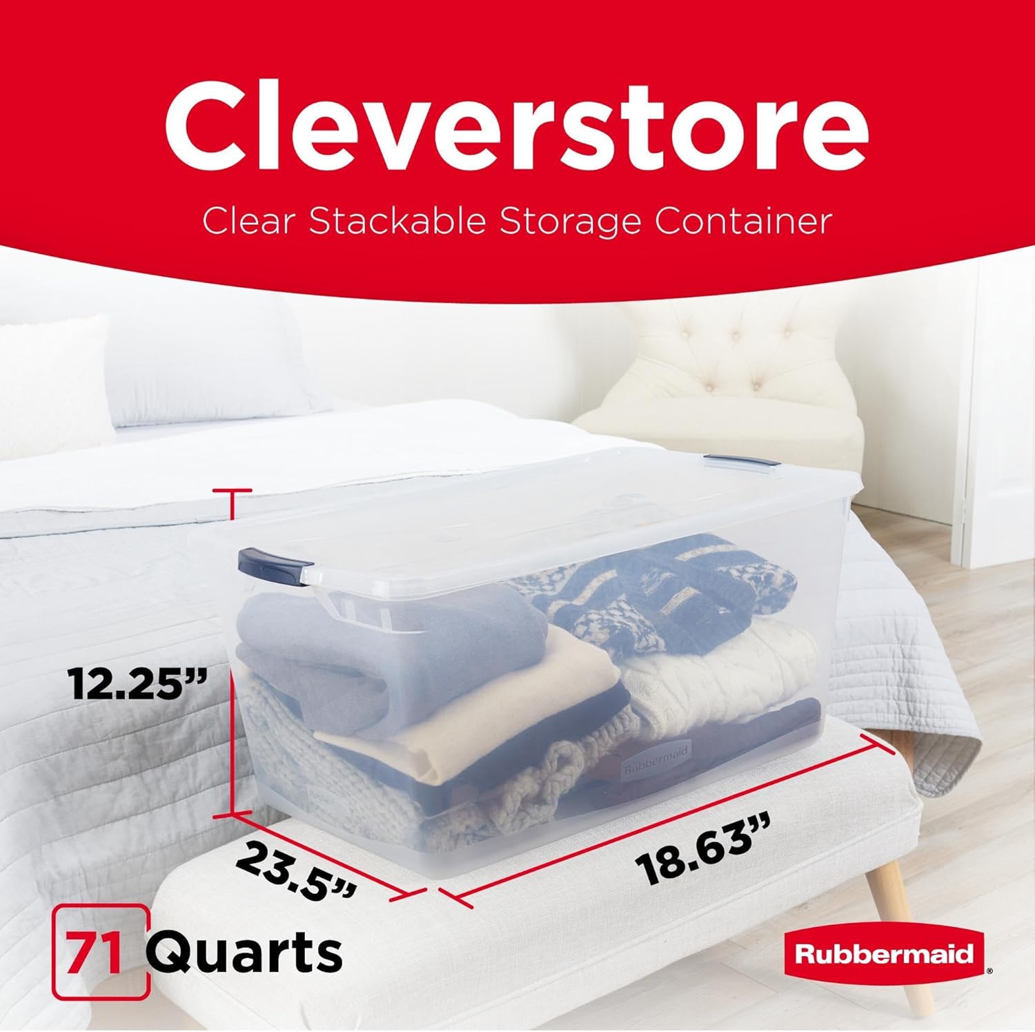 Rubbermaid Cleverstore 71 Qt Clear Storage Bins with Lids, 4-Pack, Stackable, BPA-Free, Made in USA