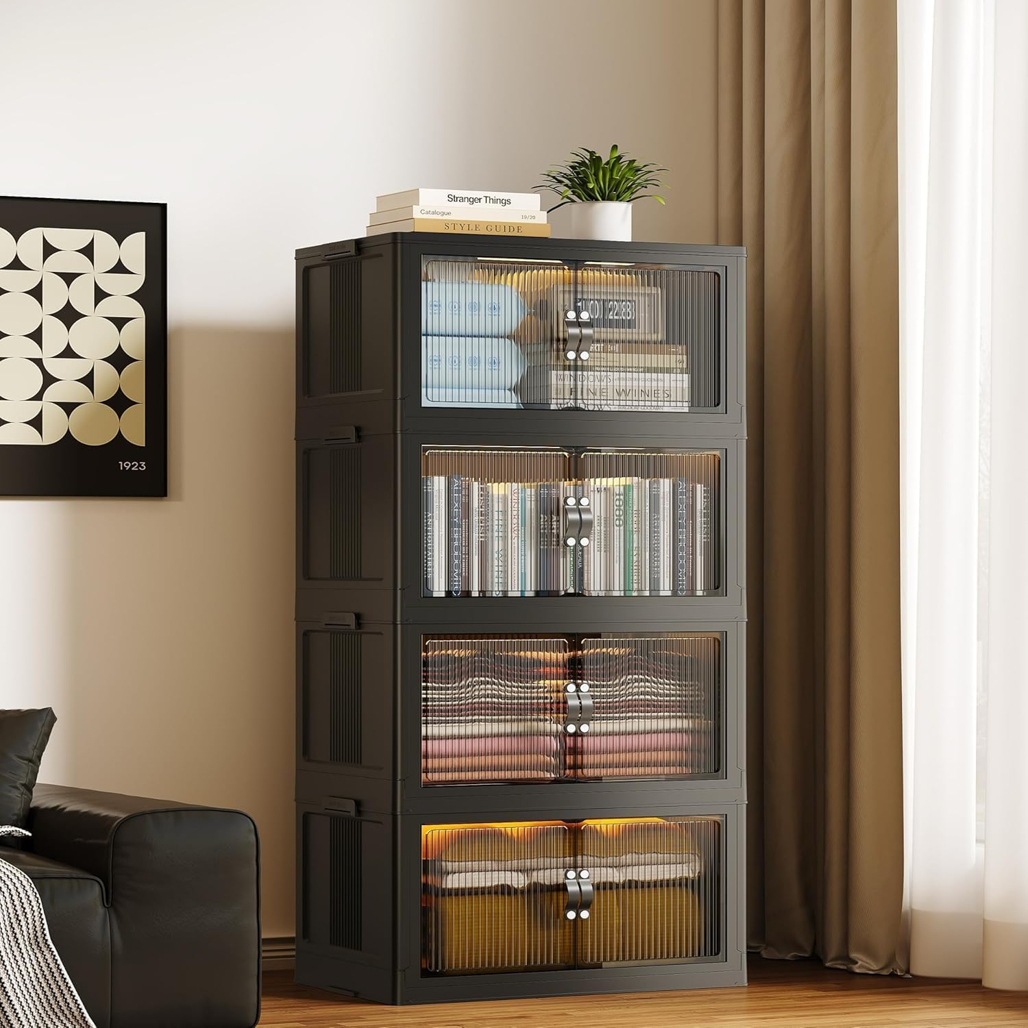 SAILUN 145Gal/580Qt Collapsible & Stackable Storage Bins with Door & a Lid,Perfect for Blanket Storage, Pillow Organizer, Bedroom Closet & Living Room, Black 26" W x 17" D x 71" H