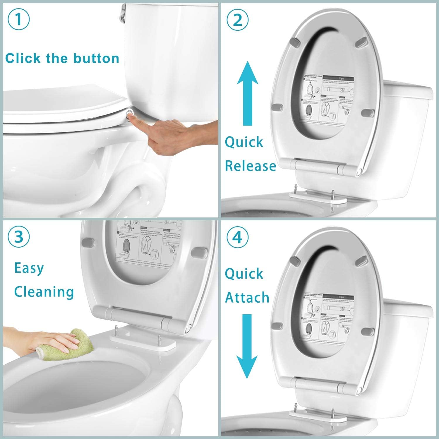 Hibbent Premium Elongated Toilet Seat with Cover Quiet Close, One-Click to Quick Release, Easy Installation Non-Slip Seat Bumpers, Slow Close Toilet Seat and Cover, Easy Cleaning-White Color