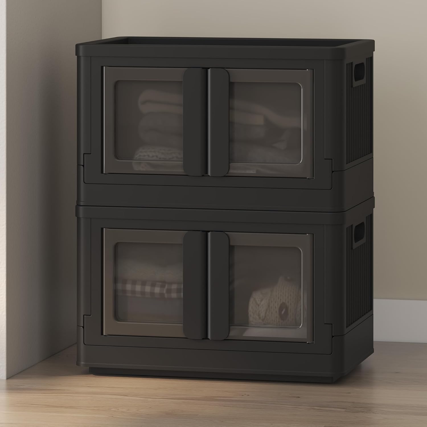 FLEXIMOUNTS 228 QT Stackable Storage Bins With Lids, Collapsible Plastic Storage Bins With Doors and Built-in Wheels For Home Dorm Closet Organizers and Storage, 3 Pack Cubes, Black