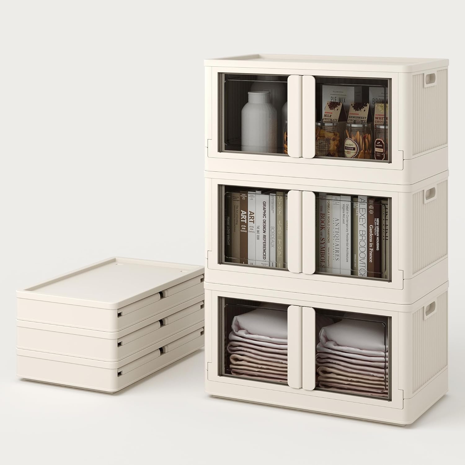 FLEXIMOUNTS 228 QT Stackable Storage Bins With Lids, Collapsible Plastic Storage Bins With Doors and Built-in Wheels For Home Dorm Closet Organizers and Storage, 3 Pack Cubes, Black