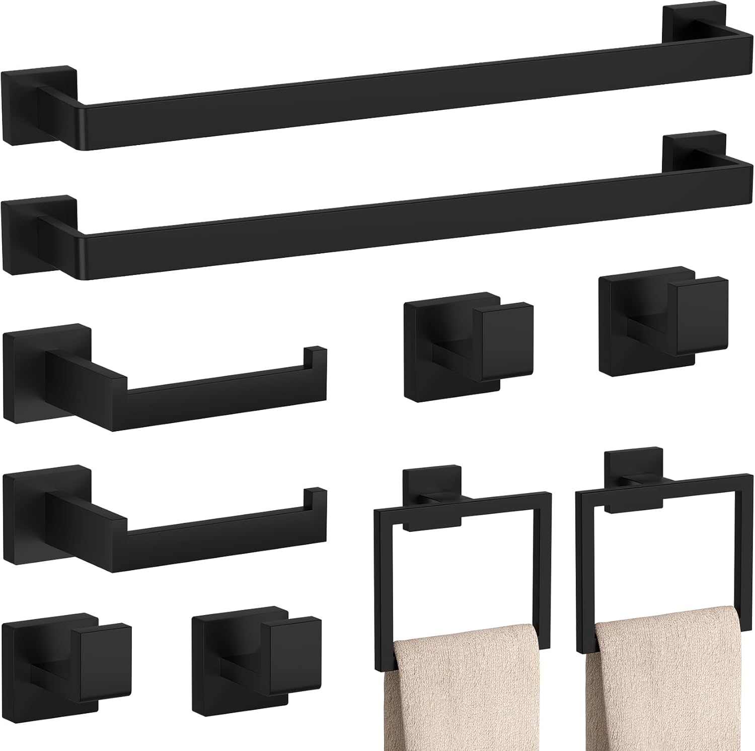 10-Pieces Matte Black Bathroom Accessories Set, 23.6 Inch Bath Towel Bar Set, SUS 304 Stainless Steel Bathroom Hardware Set, Towel Racks for Bathroom Wall Mounted.