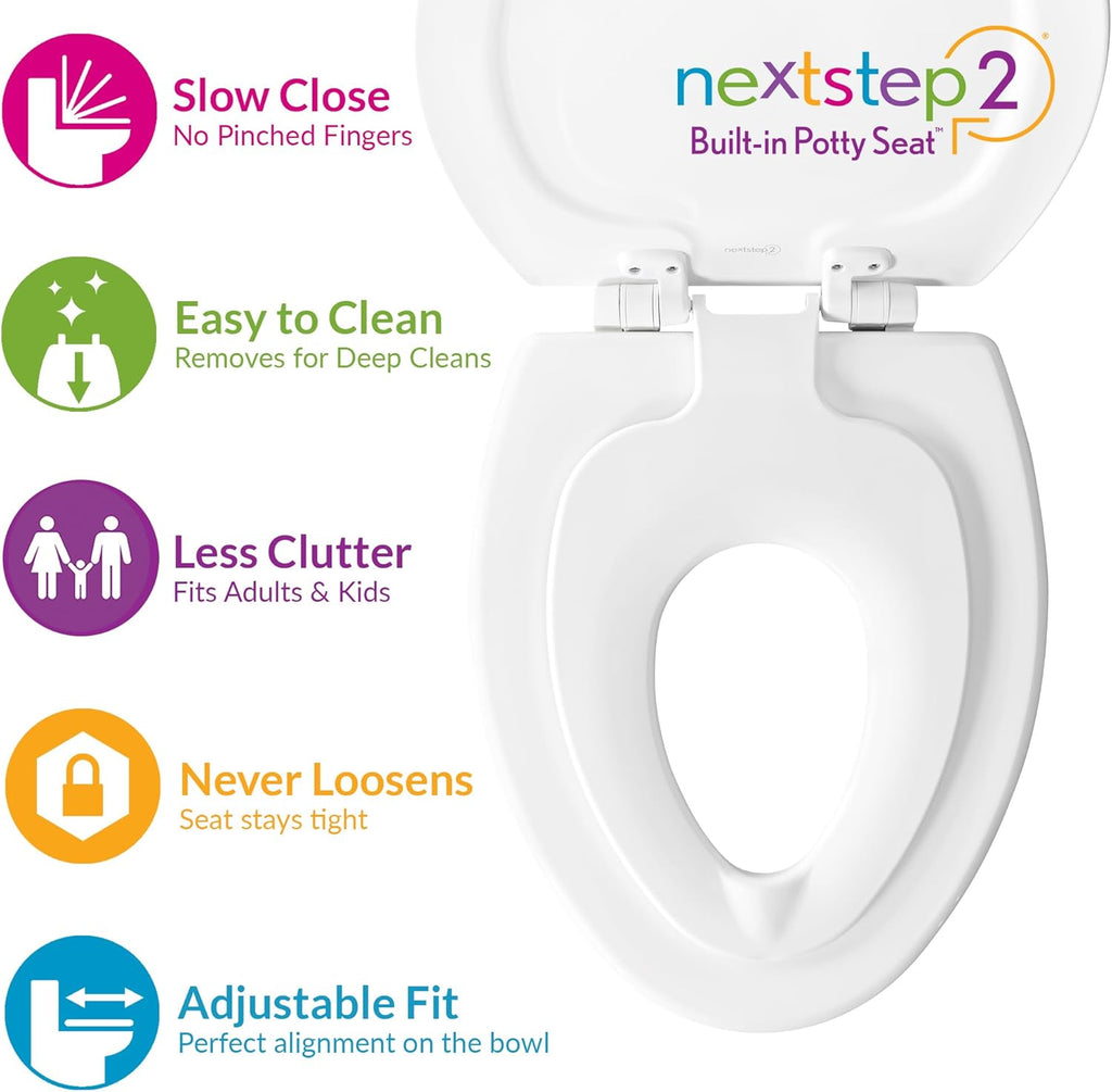 Mayfair NextStep2 Toilet Seat with Built-In Potty Training Seat, Slow-Close, Removable that will Never Loosen, Elongated, White, 2-Pack