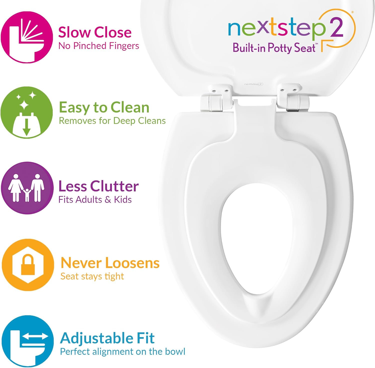 Mayfair NextStep2 Toilet Seat with Built-In Potty Training Seat, Slow-Close, Removable that will Never Loosen, Elongated, White, 2-Pack