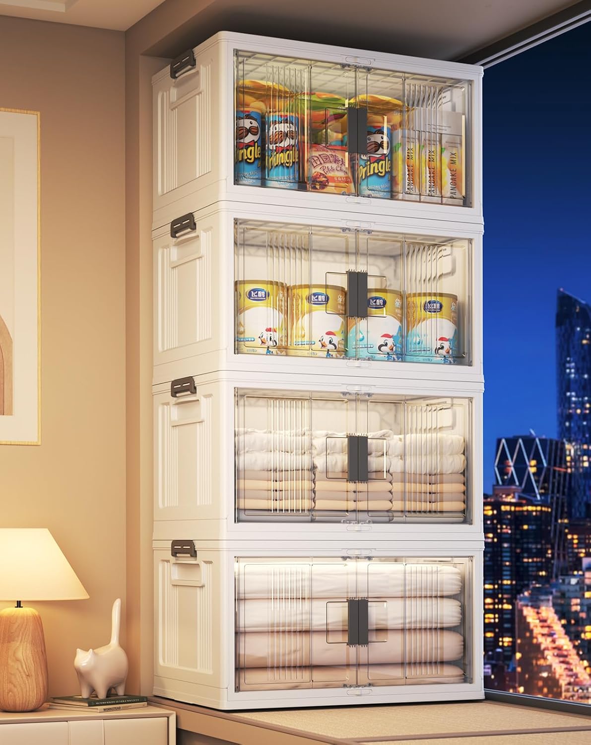 OlarHike 144QT Lockable Storage Bins with Lids - Folding Storage box with Doors and Wheels, Collapsible Plastic Bins for Closets, Stackable Organizer and Containers, Gifts, 3 Pack Cubes