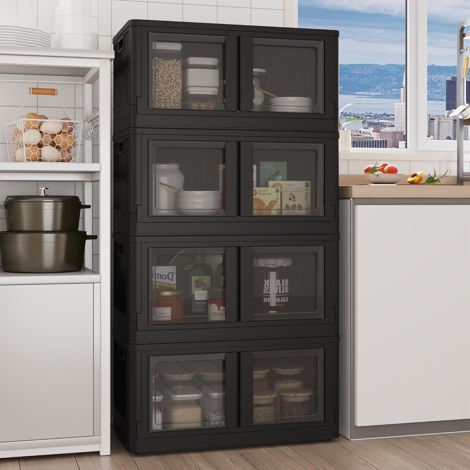 FLEXIMOUNTS 228 QT Stackable Storage Bins With Lids, Collapsible Plastic Storage Bins With Doors and Built-in Wheels For Home Dorm Closet Organizers and Storage, 3 Pack Cubes, Black