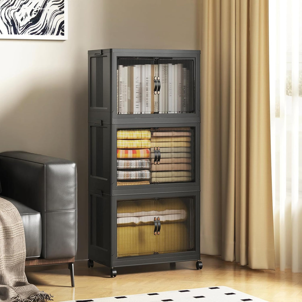 SAILUN 145Gal/580Qt Stackable Storage Bins Folding Collapsible Storage Bins with Lid, Closet Organizers and Storage, Grey 26" W x 17" D x 71" H