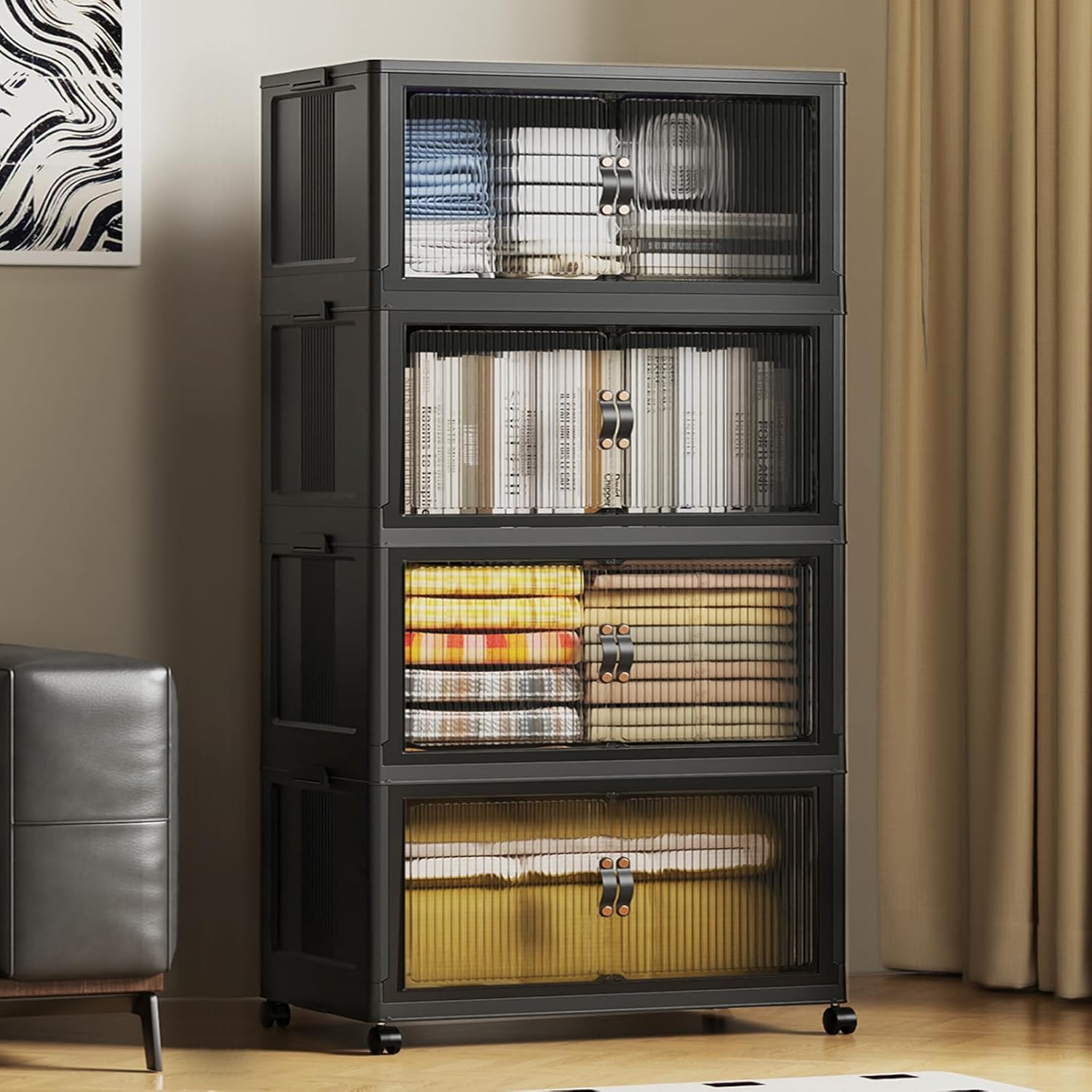 SAILUN 145Gal/580Qt Collapsible & Stackable Storage Bins with Door & a Lid,Perfect for Blanket Storage, Pillow Organizer, Bedroom Closet & Living Room, Black 26" W x 17" D x 71" H