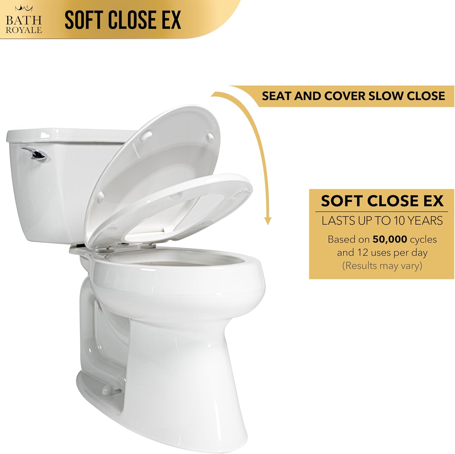 Bath Royale Soft Close Toilet Seat Round with Lid BR500-00 White, Comfortable, Durable, Sturdy, Stain-Resistant and Easy to Clean, Fits All Toilet Brands, Executive Series