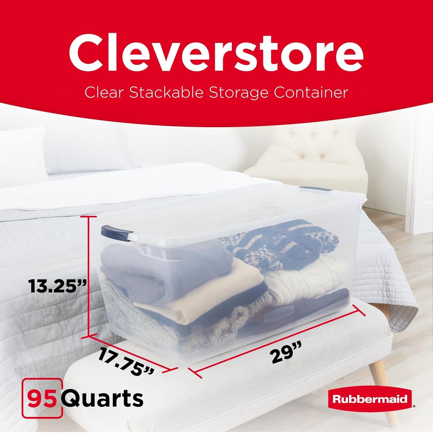 Rubbermaid Cleverstore 95 Qt Clear Storage Bins with Lids, 4-Pack, Stackable, BPA-Free, Made in USA