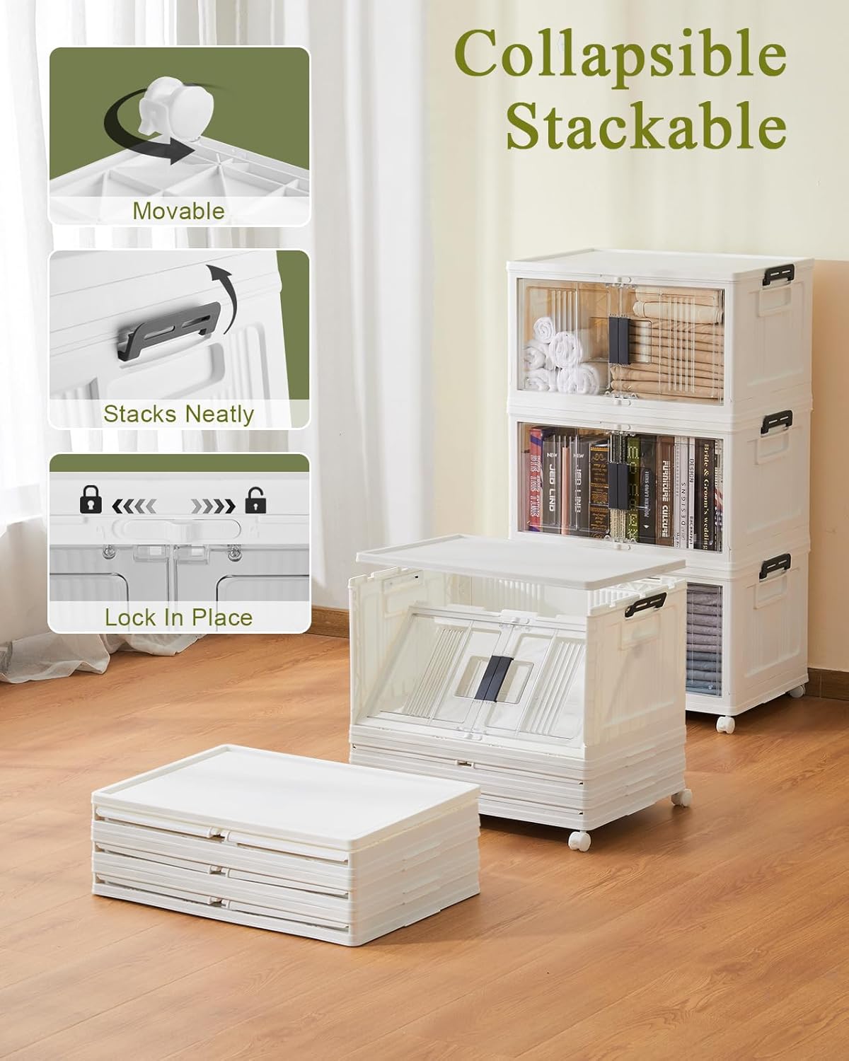 OlarHike 144QT Lockable Storage Bins with Lids - Folding Storage box with Doors and Wheels, Collapsible Plastic Bins for Closets, Stackable Organizer and Containers, Gifts, 3 Pack Cubes