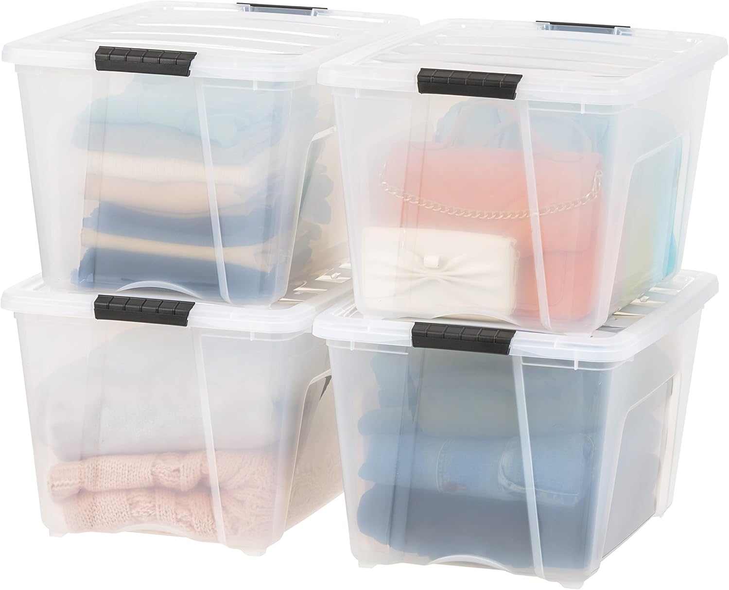 IRIS USA 54 Qt Stackable Plastic Storage Bins with Lids, 6 Pack - BPA-Free, Made in USA - See-Through Organizing Solution, Latches, Durable Nestable Containers, Secure Pull Handle - Clear