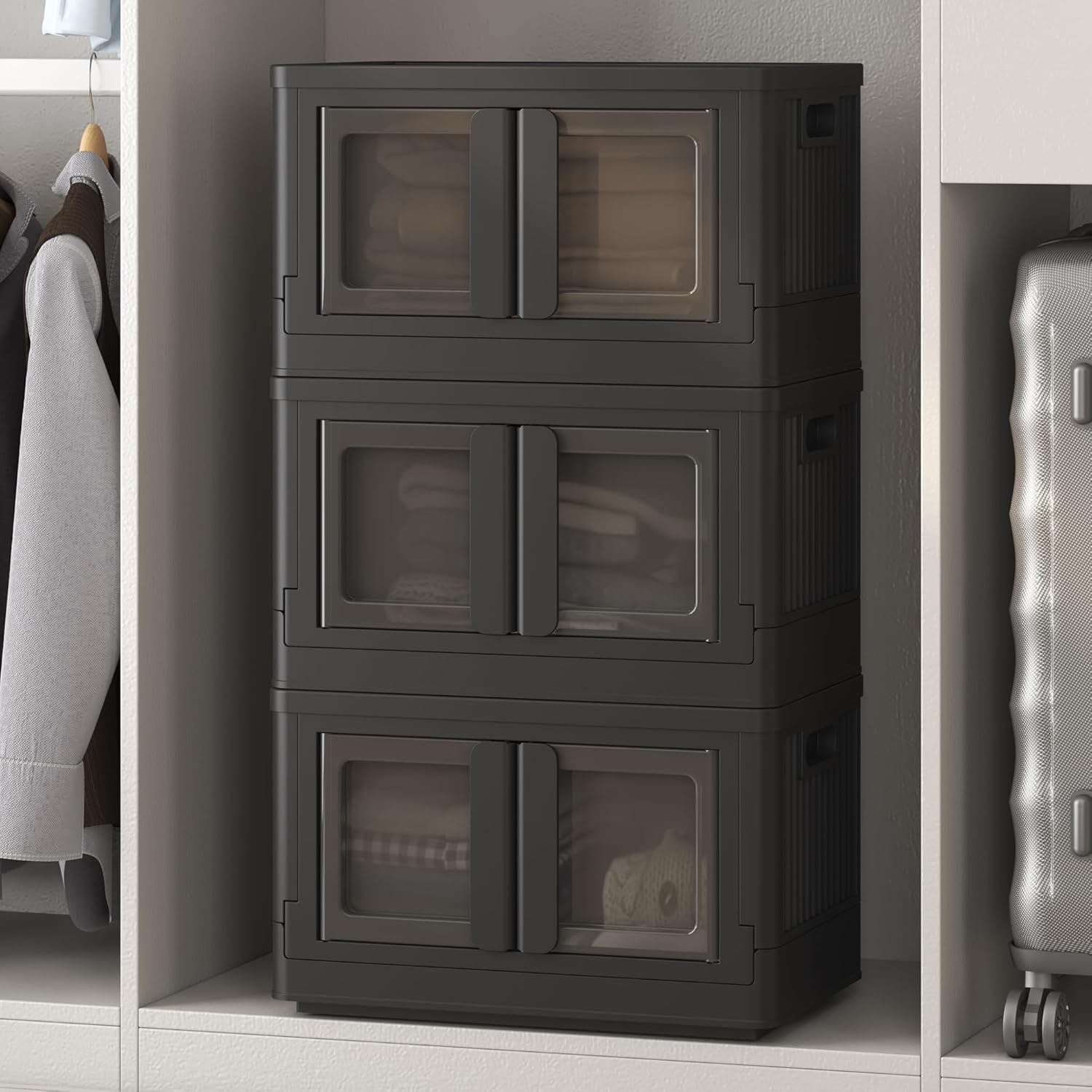 FLEXIMOUNTS 228 QT Stackable Storage Bins With Lids, Collapsible Plastic Storage Bins With Doors and Built-in Wheels For Home Dorm Closet Organizers and Storage, 3 Pack Cubes, Black