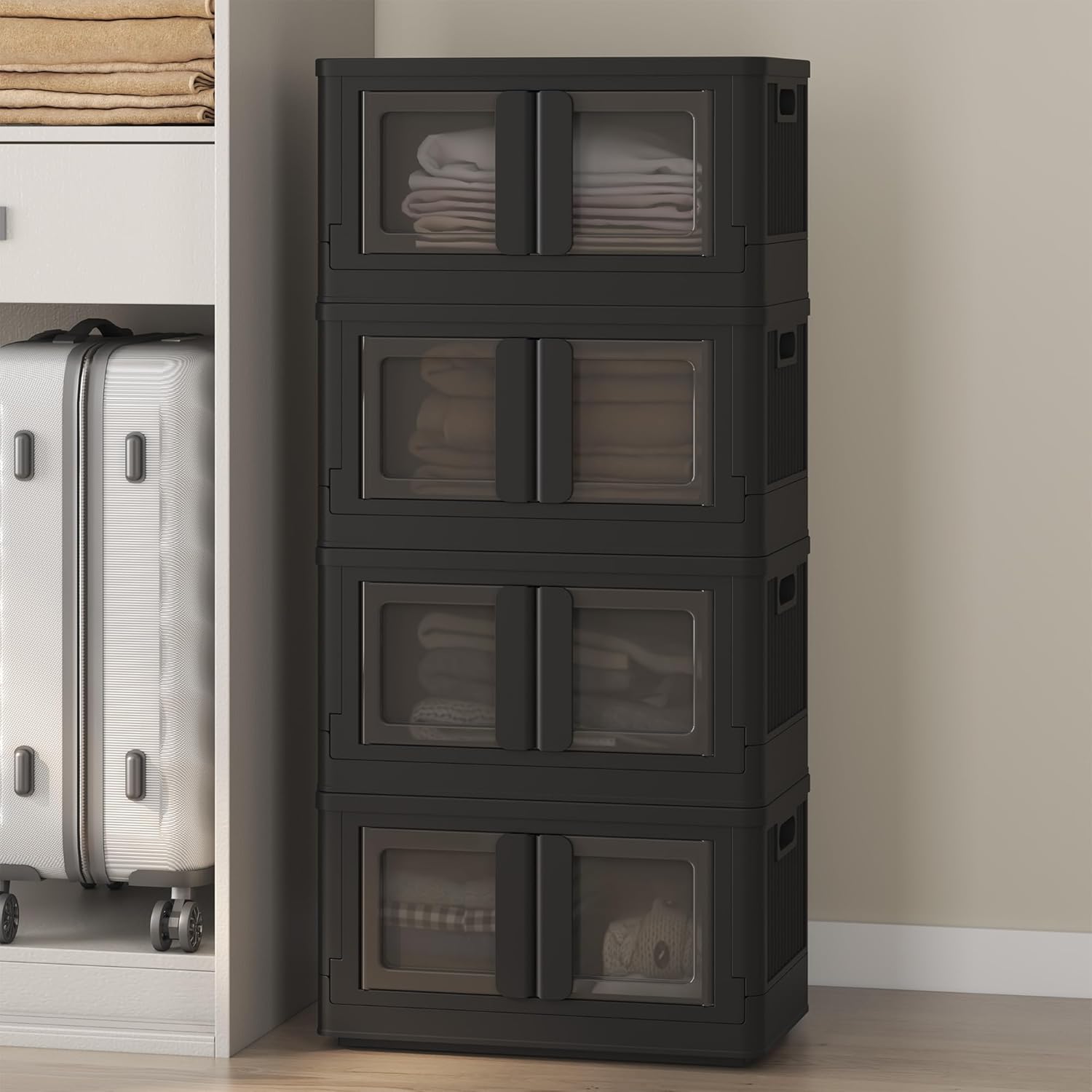 FLEXIMOUNTS 228 QT Stackable Storage Bins With Lids, Collapsible Plastic Storage Bins With Doors and Built-in Wheels For Home Dorm Closet Organizers and Storage, 3 Pack Cubes, Black