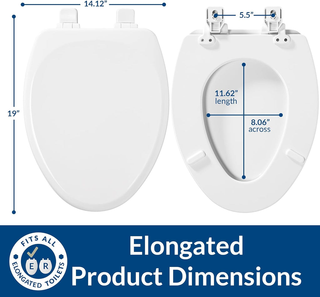 Mayfair Linden Slow Close Toilet Seat, Non Slip Heavy Duty Wood, Easy Install, Made in USA, Elongated, White, 2 Pack