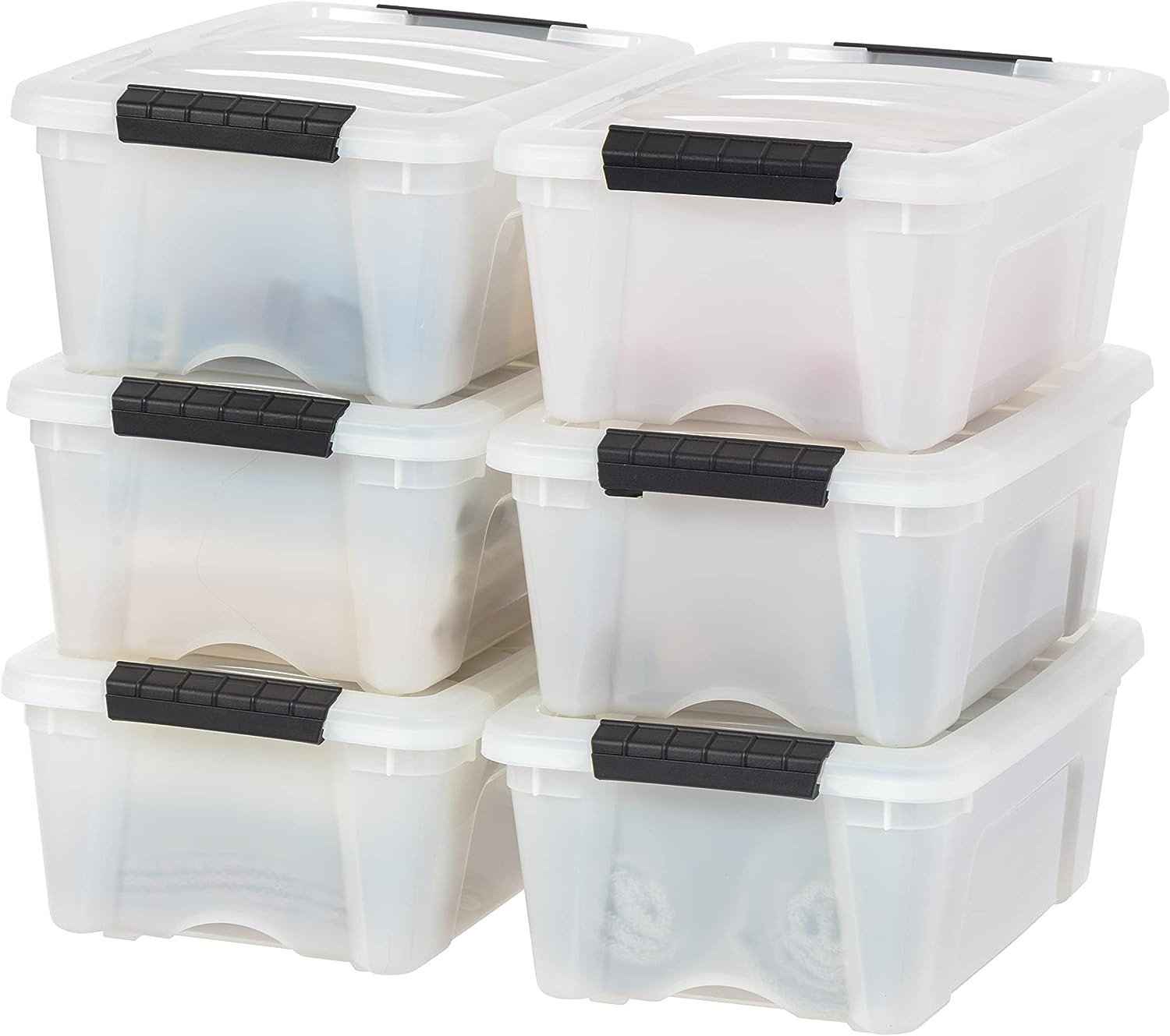 IRIS USA 54 Qt Stackable Plastic Storage Bins with Lids, 6 Pack - BPA-Free, Made in USA - See-Through Organizing Solution, Latches, Durable Nestable Containers, Secure Pull Handle - Clear