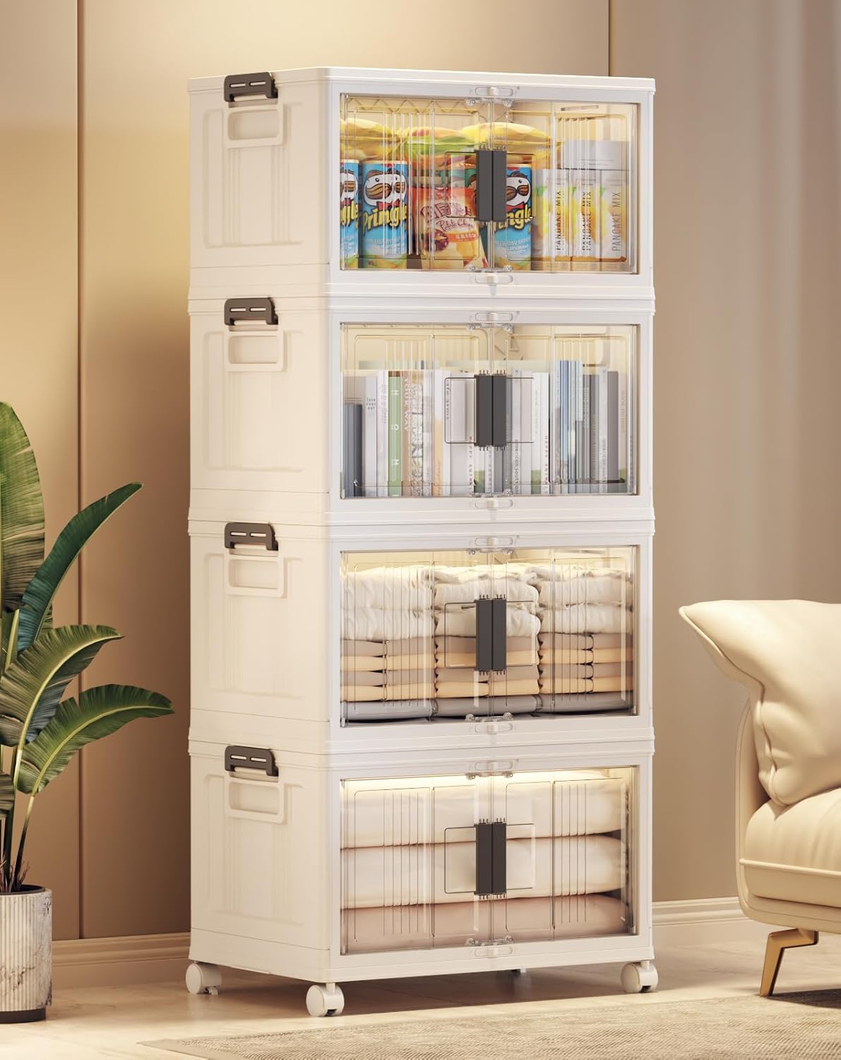 OlarHike 144QT Lockable Storage Bins with Lids - Folding Storage box with Doors and Wheels, Collapsible Plastic Bins for Closets, Stackable Organizer and Containers, Gifts, 3 Pack Cubes