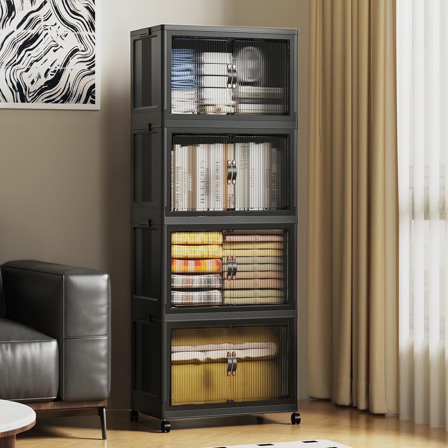 SAILUN 145Gal/580Qt Collapsible & Stackable Storage Bins with Door & a Lid,Perfect for Blanket Storage, Pillow Organizer, Bedroom Closet & Living Room, Black 26" W x 17" D x 71" H