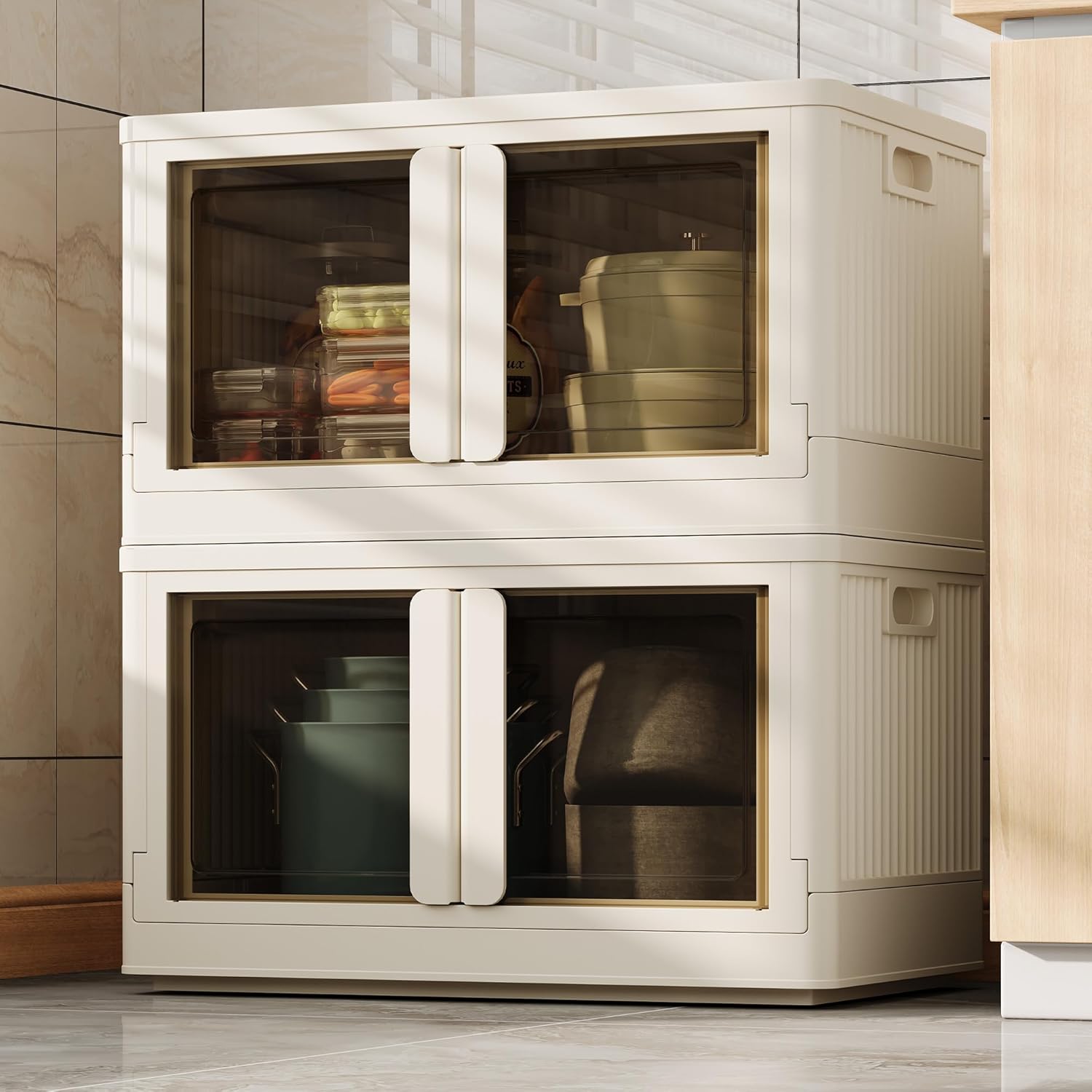 FLEXIMOUNTS 228 QT Stackable Storage Bins With Lids, Collapsible Plastic Storage Bins With Doors and Built-in Wheels For Home Dorm Closet Organizers and Storage, 3 Pack Cubes, Black