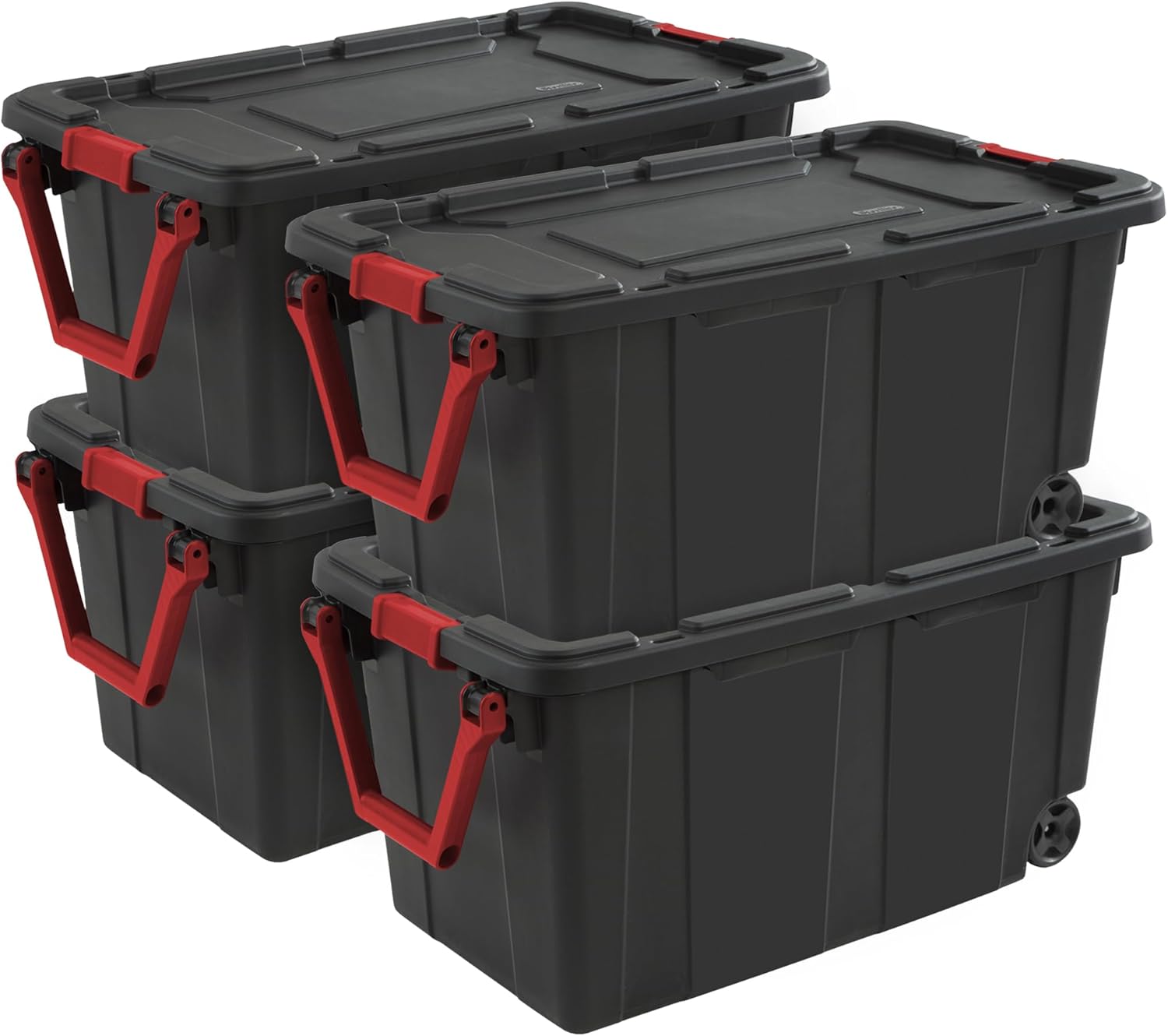 Sterilite 4-Pack Industrial Tote, Heavy-Duty Storage Bins w/Lids and Wheels, 40 Gallon - Stackable Organizing Containers for Home, Garage, Office, and Basement