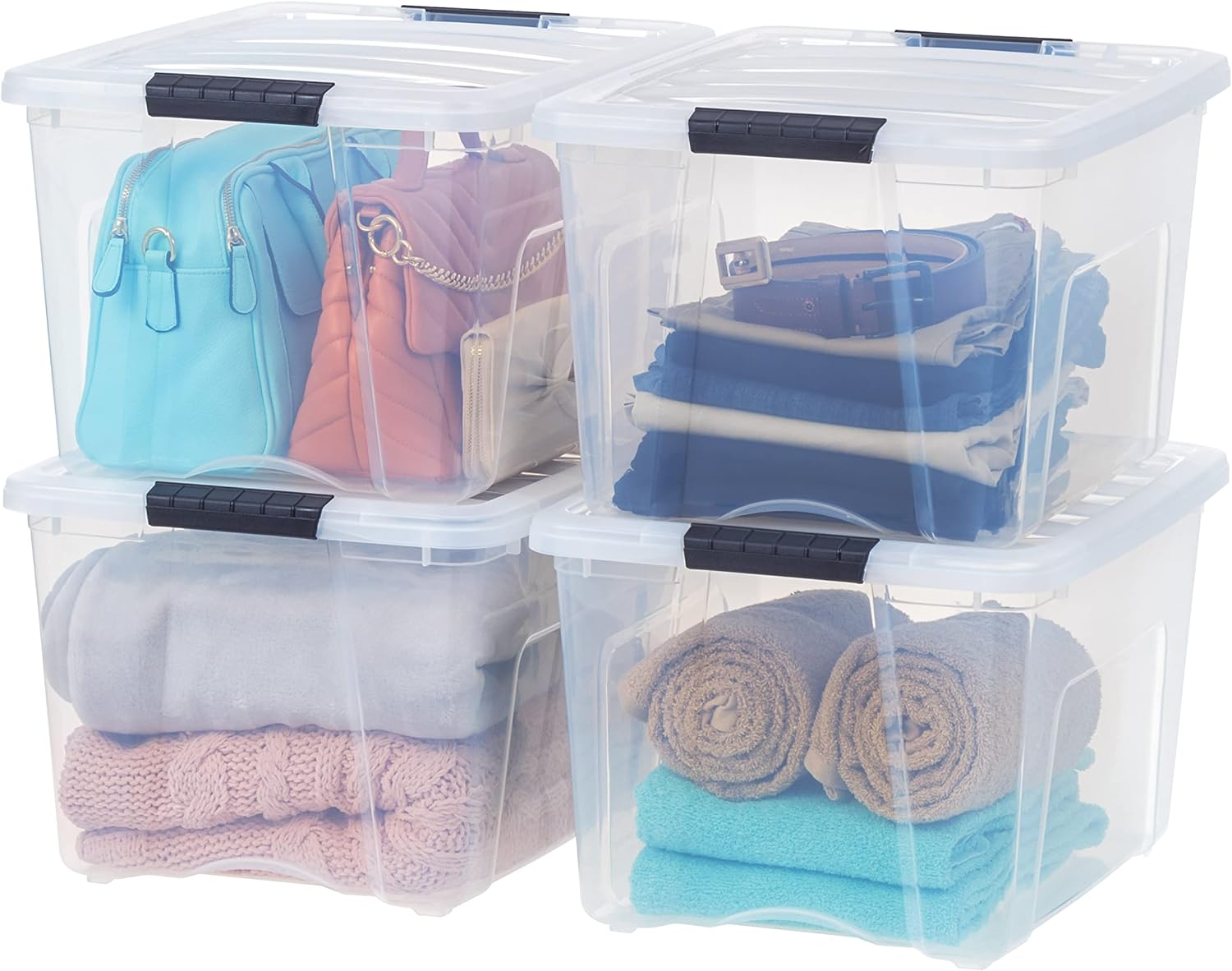 IRIS USA 54 Qt Stackable Plastic Storage Bins with Lids, 6 Pack - BPA-Free, Made in USA - See-Through Organizing Solution, Latches, Durable Nestable Containers, Secure Pull Handle - Clear