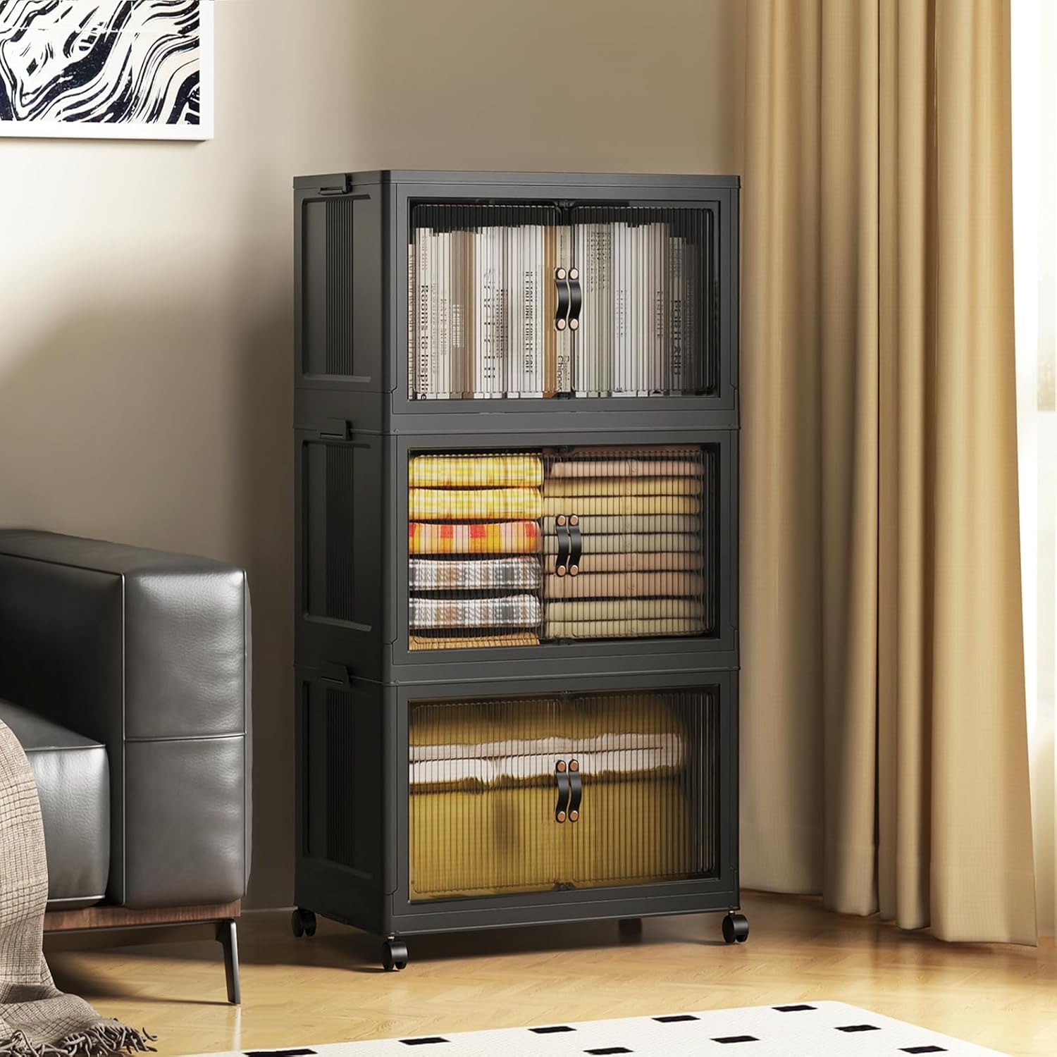 SAILUN 145Gal/580Qt Stackable Storage Bins Folding Collapsible Storage Bins with Lid, Closet Organizers and Storage, Grey 26" W x 17" D x 71" H