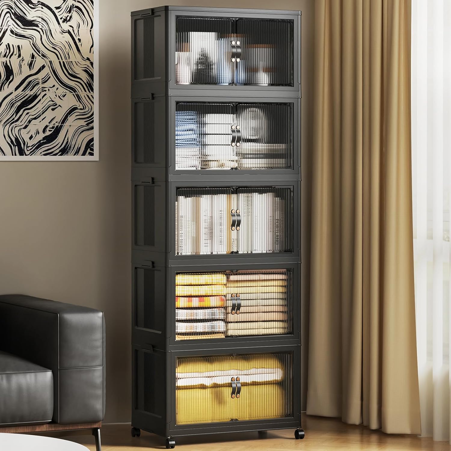 SAILUN 145Gal/580Qt Collapsible & Stackable Storage Bins with Door & a Lid,Perfect for Blanket Storage, Pillow Organizer, Bedroom Closet & Living Room, Black 26" W x 17" D x 71" H