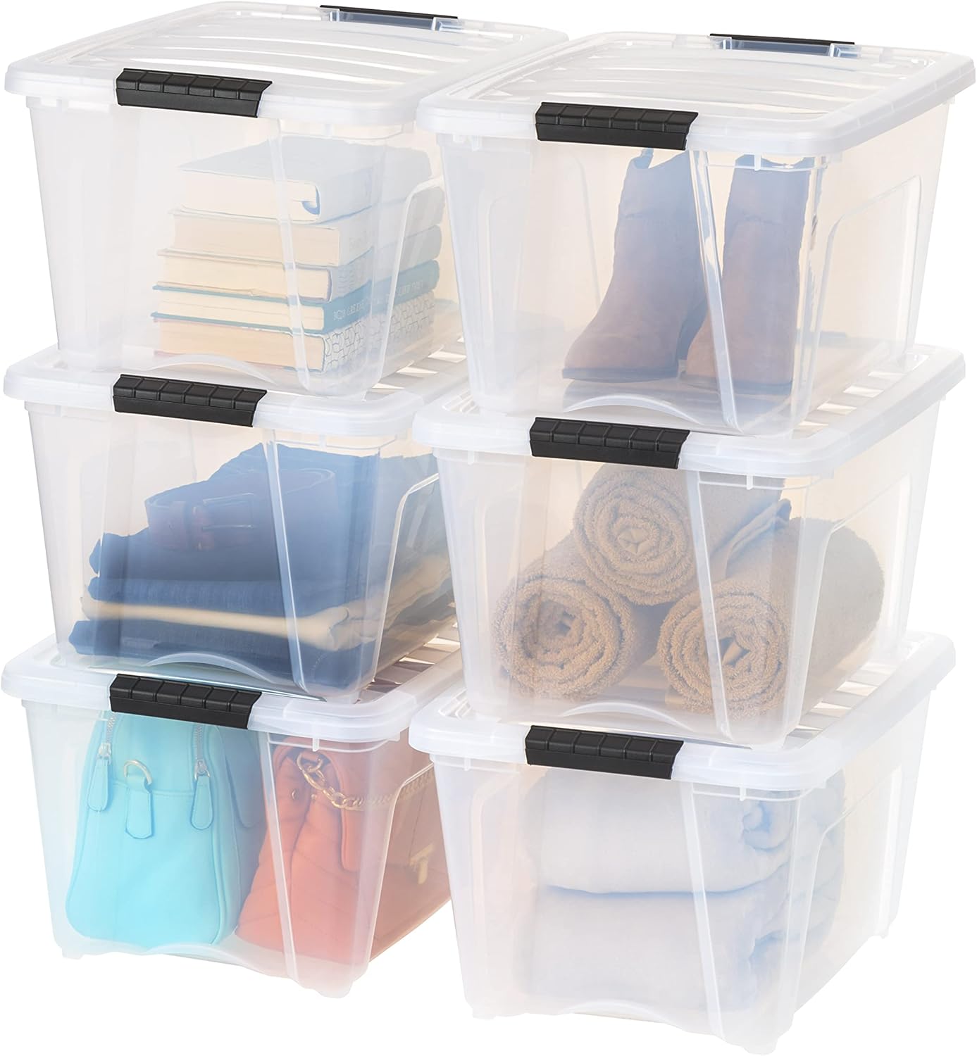IRIS USA 54 Qt Stackable Plastic Storage Bins with Lids, 6 Pack - BPA-Free, Made in USA - See-Through Organizing Solution, Latches, Durable Nestable Containers, Secure Pull Handle - Clear