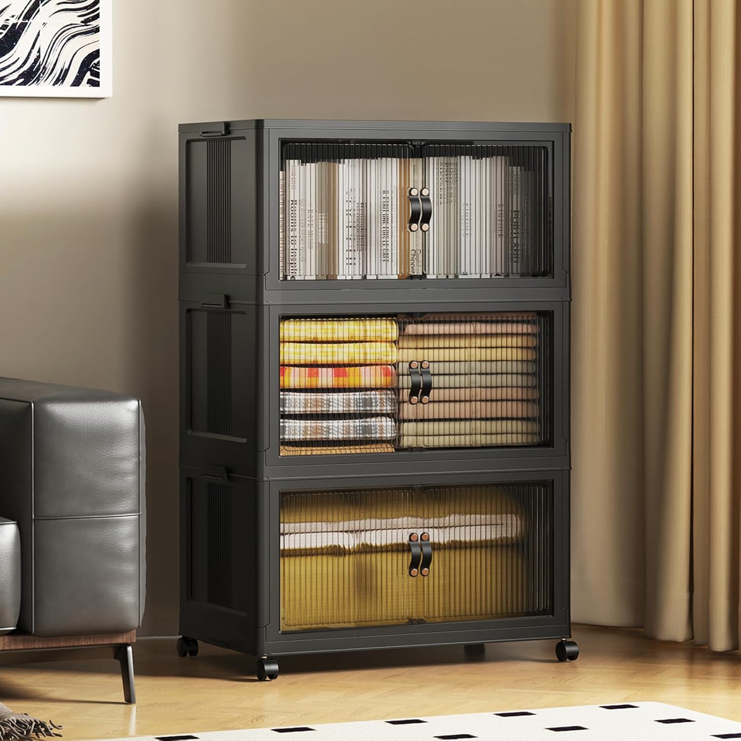 SAILUN 145Gal/580Qt Stackable Storage Bins Folding Collapsible Storage Bins with Lid, Closet Organizers and Storage, Grey 26" W x 17" D x 71" H