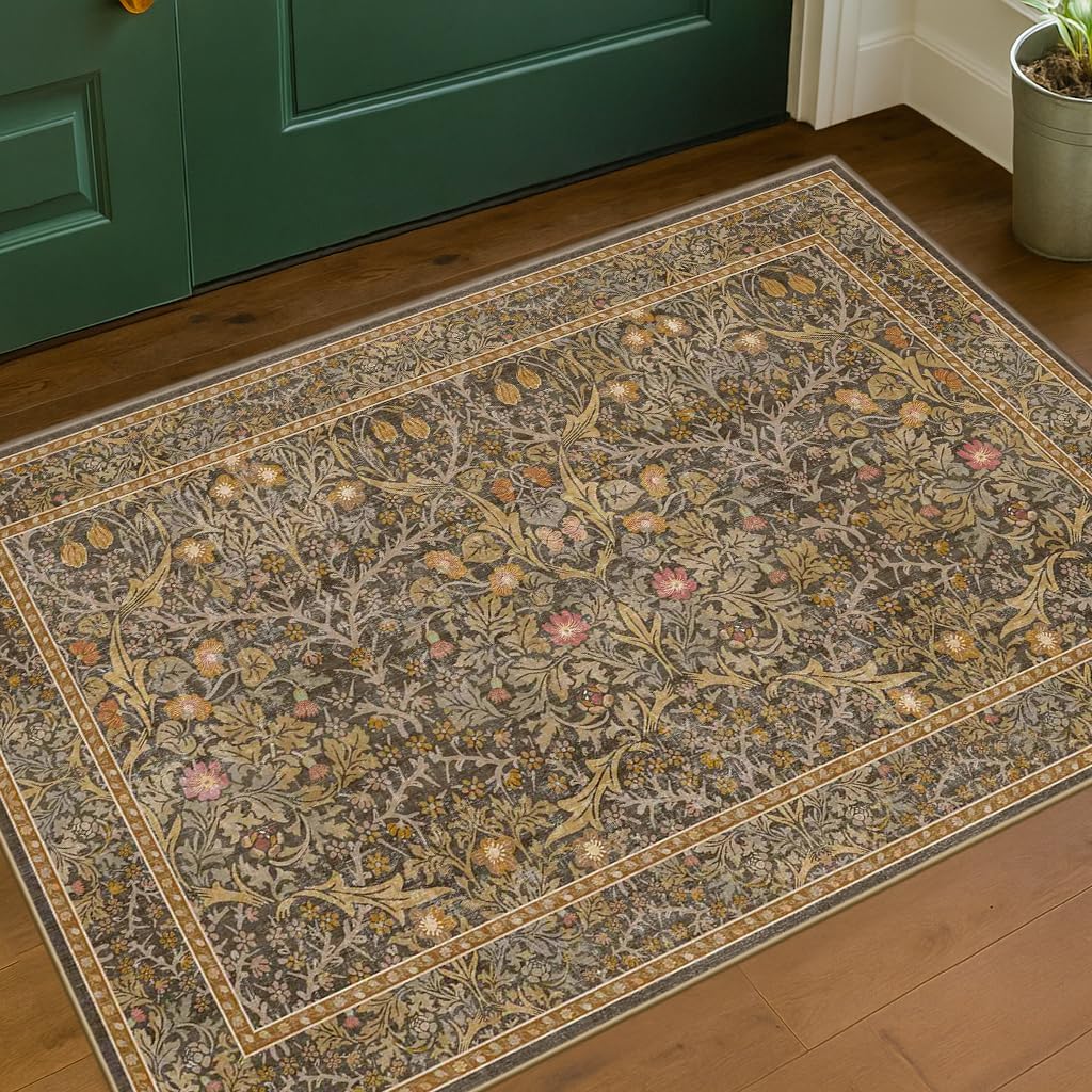 Dark Green Floral Living Room Rug 5x7 Area Rug - Vintage Forest Washable Mat for Dining Room, Bedroom, Low Pile Non Slip Stain Resistance Distressed Retro Indoor Boho Carpet (5x7 Dark Green)