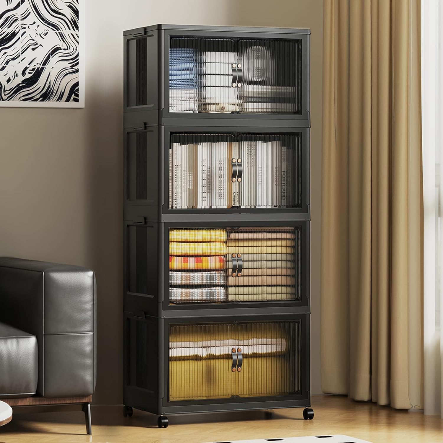 SAILUN 145Gal/580Qt Collapsible & Stackable Storage Bins with Door & a Lid,Perfect for Blanket Storage, Pillow Organizer, Bedroom Closet & Living Room, Black 26" W x 17" D x 71" H