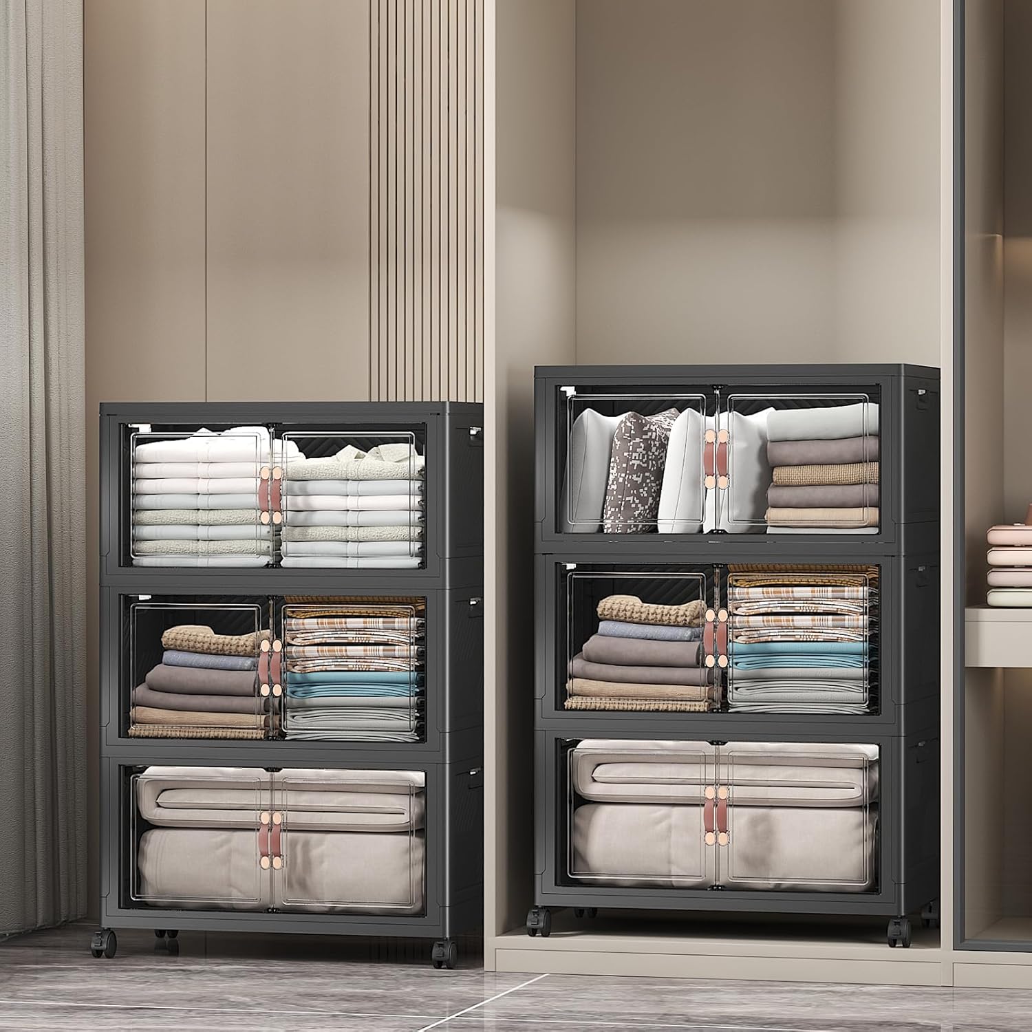 UAMFURI Extra Large Stackable Storage Bins with Lids & Wheels & Door, 660QT-165QT/41GAL*4Pack Foldable Collapsible Closet Organizers, Plastic Containers Drawers for Bedroom Dorm Garage